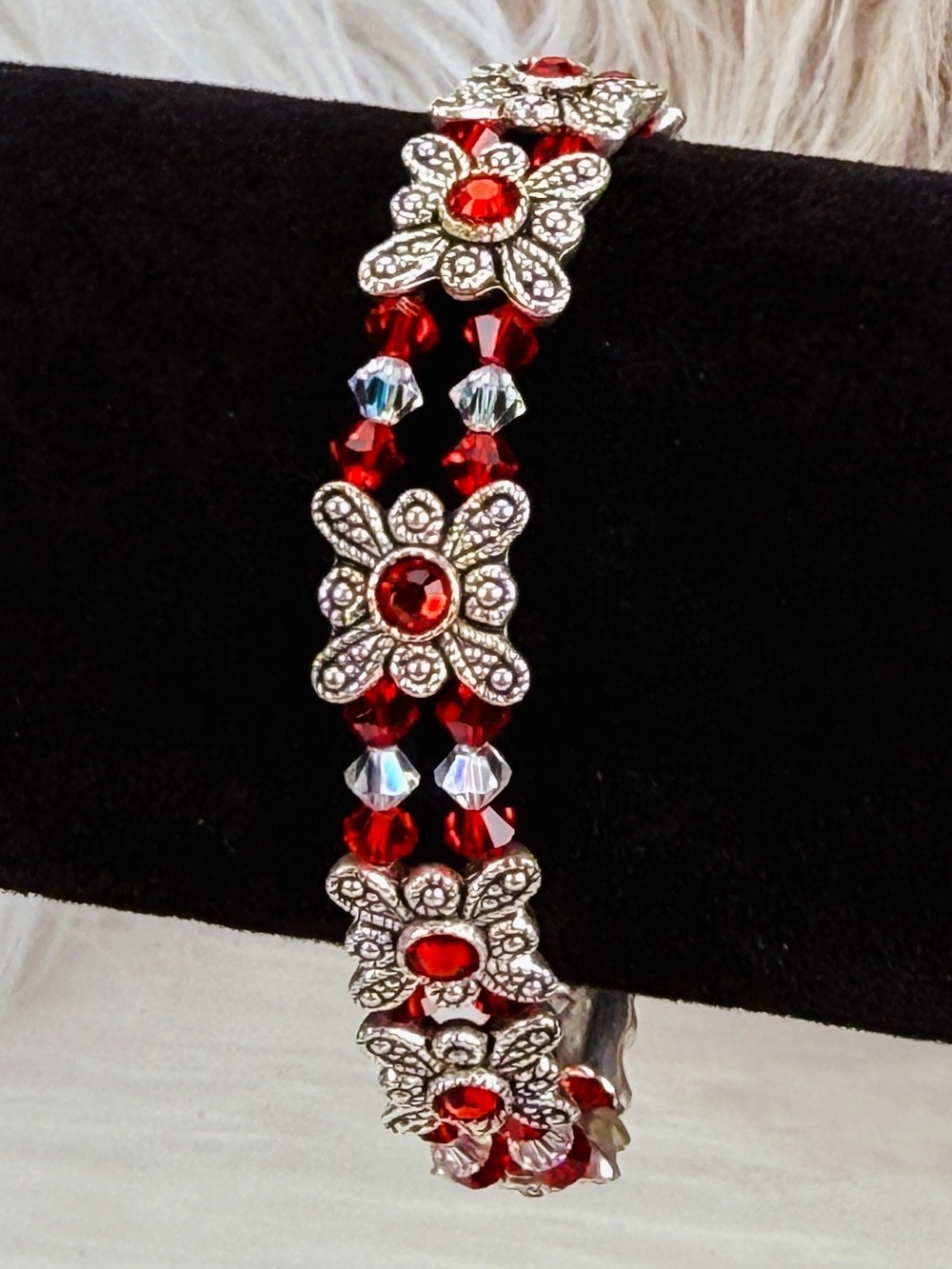 Vintage Silvertone red reflective holiday bracelet